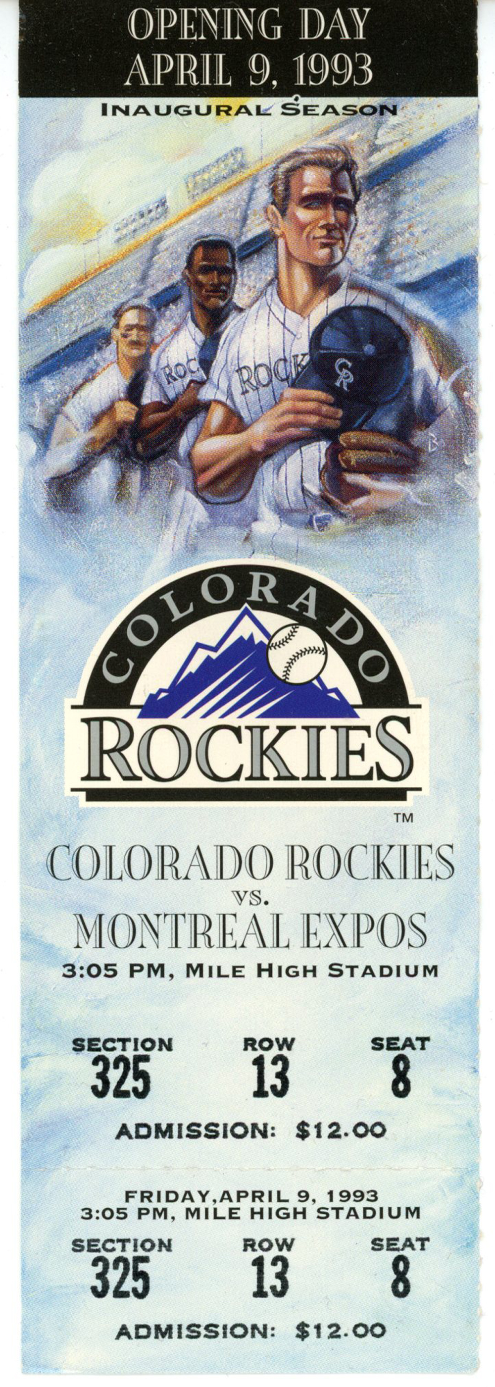 Colorado Rockies Opening Day April 9, 1993 Ticket Stub
