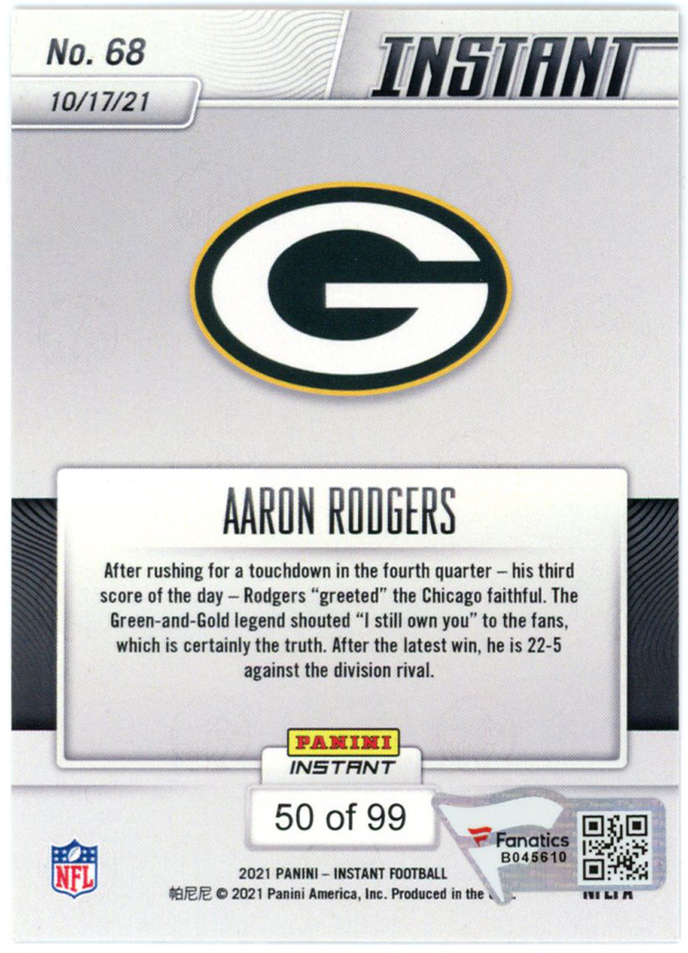 Aaron Rodgers Signed 2021 Panini Instant #50/99 Trading Card FAN