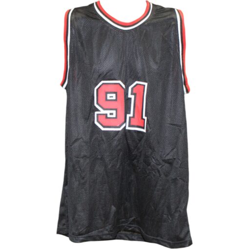 Dennis Rodman Autographed/Signed Pro Style Black XL Jersey Beckett Witness 49744