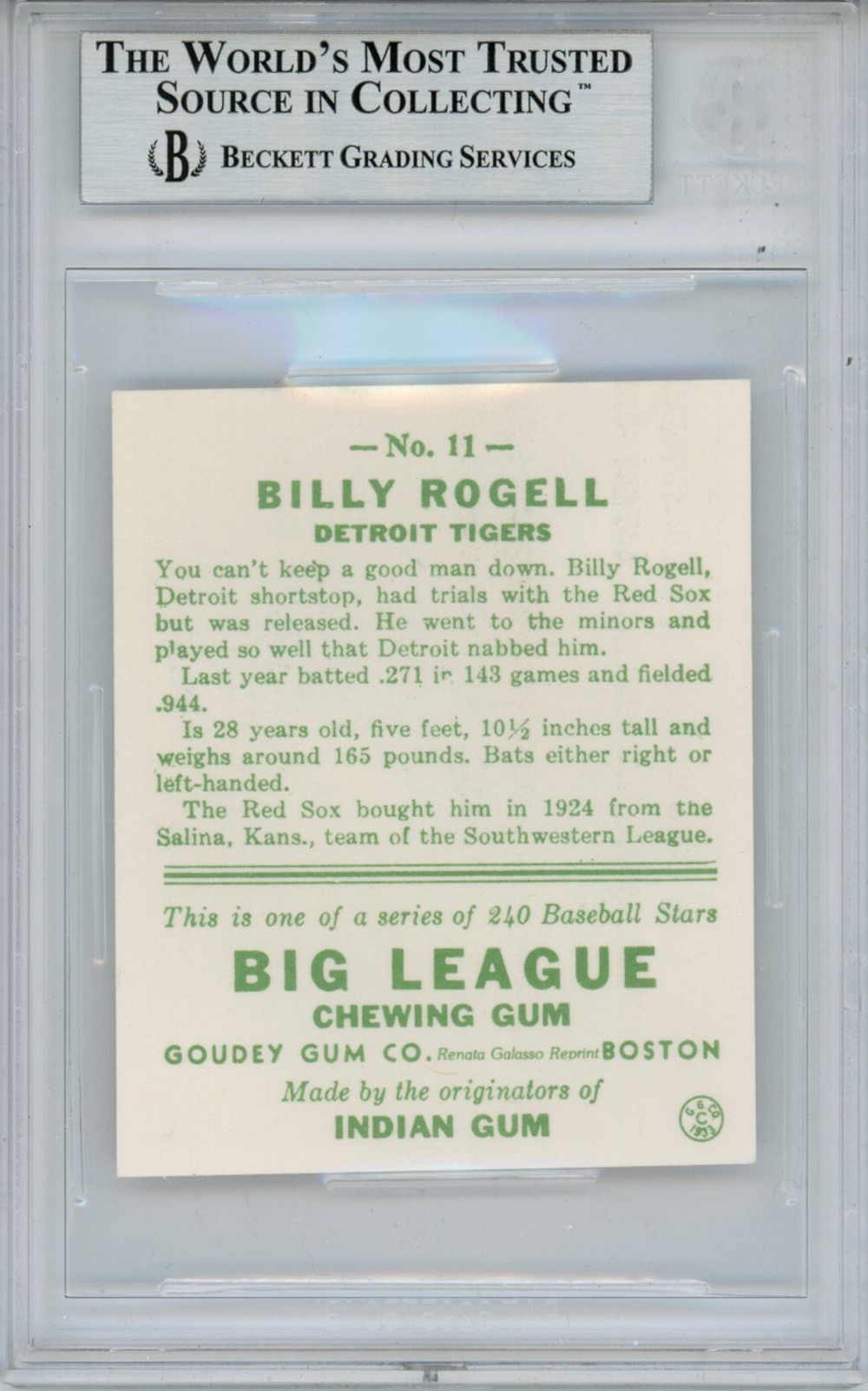 Billy Rogell Signed 1983 Galasso '33 Goudey Reprint #11 Card Beckett Slab