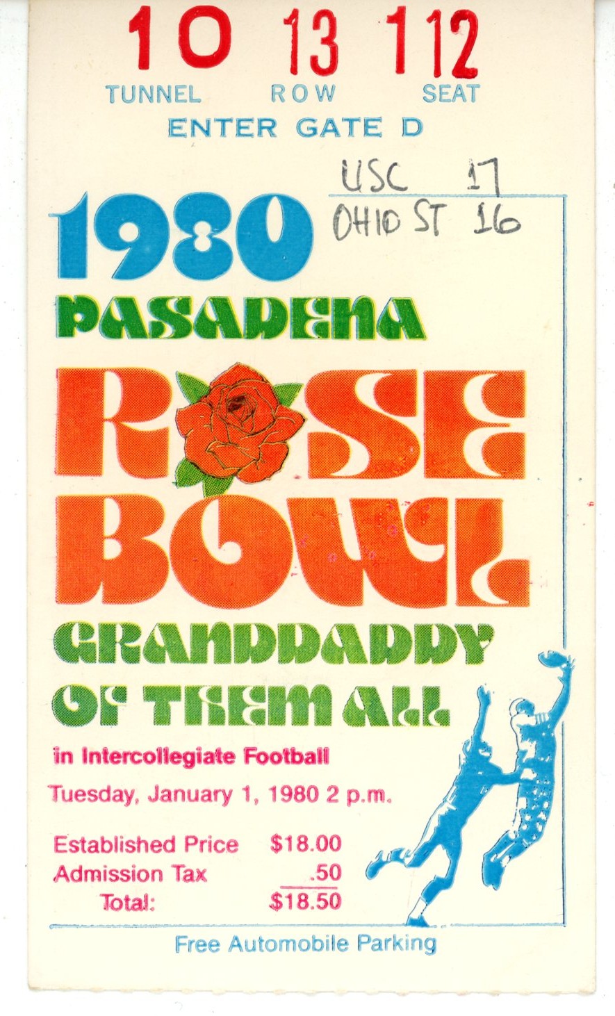 1980 Rose Bowl USC Trojans vs. Ohio State Buckeyes Ticket Stub 56102