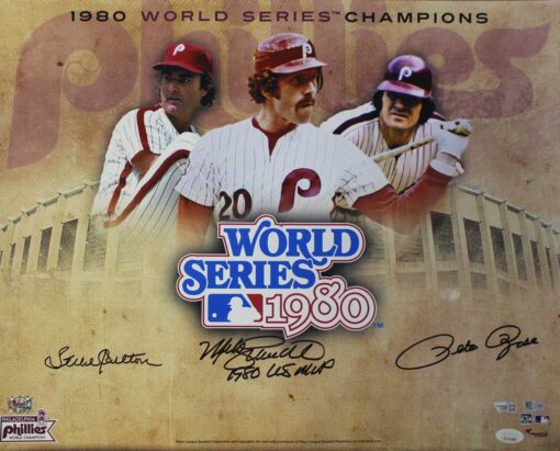 Pete Rose Steve Carlton & Mike Schmidt Signed Phillies 16x20 Photo JSA FAN 30092