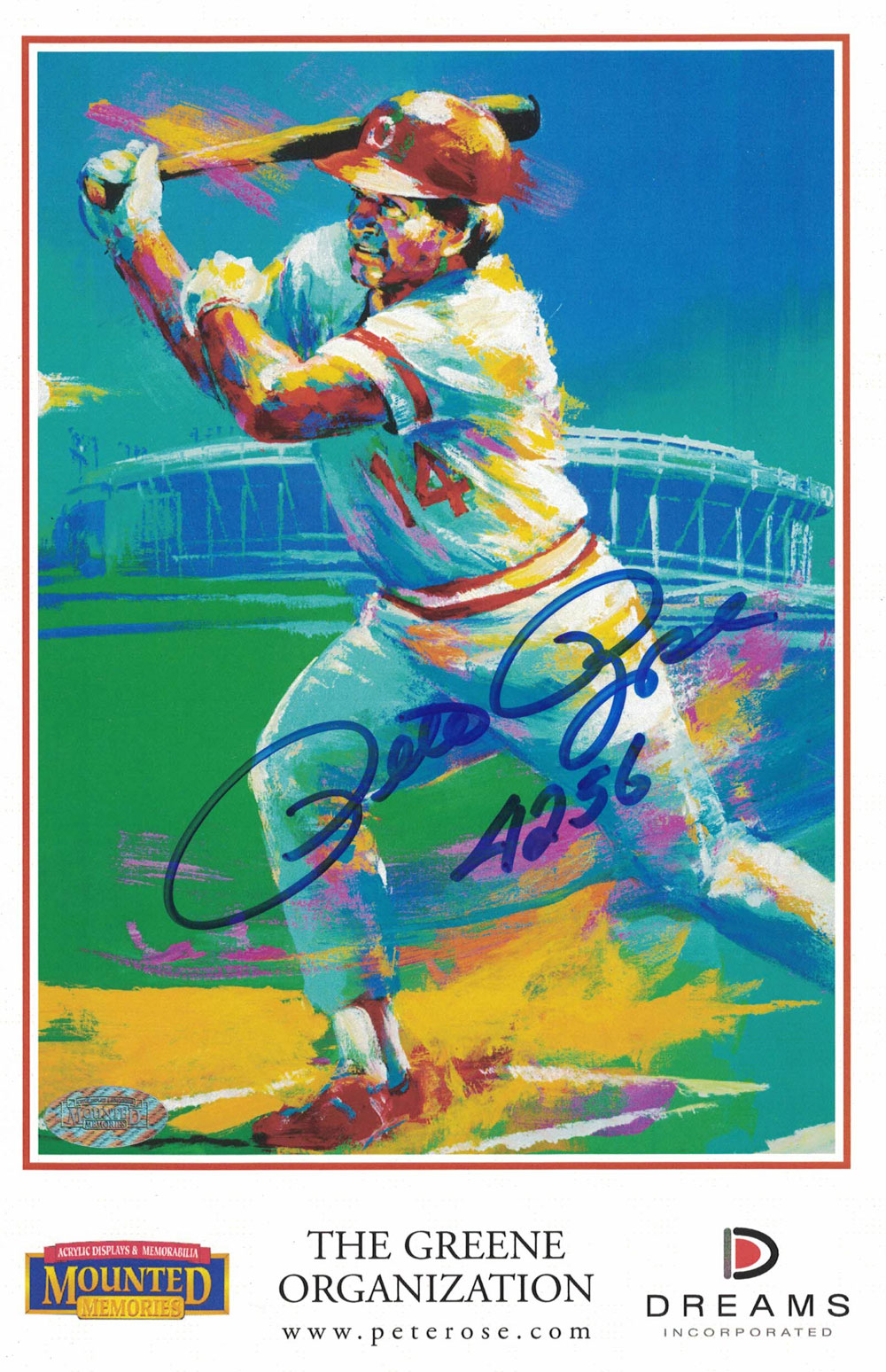 Pete Rose Autographed/Signed Cincinnati Reds Painted Art Stat Card MM 27529