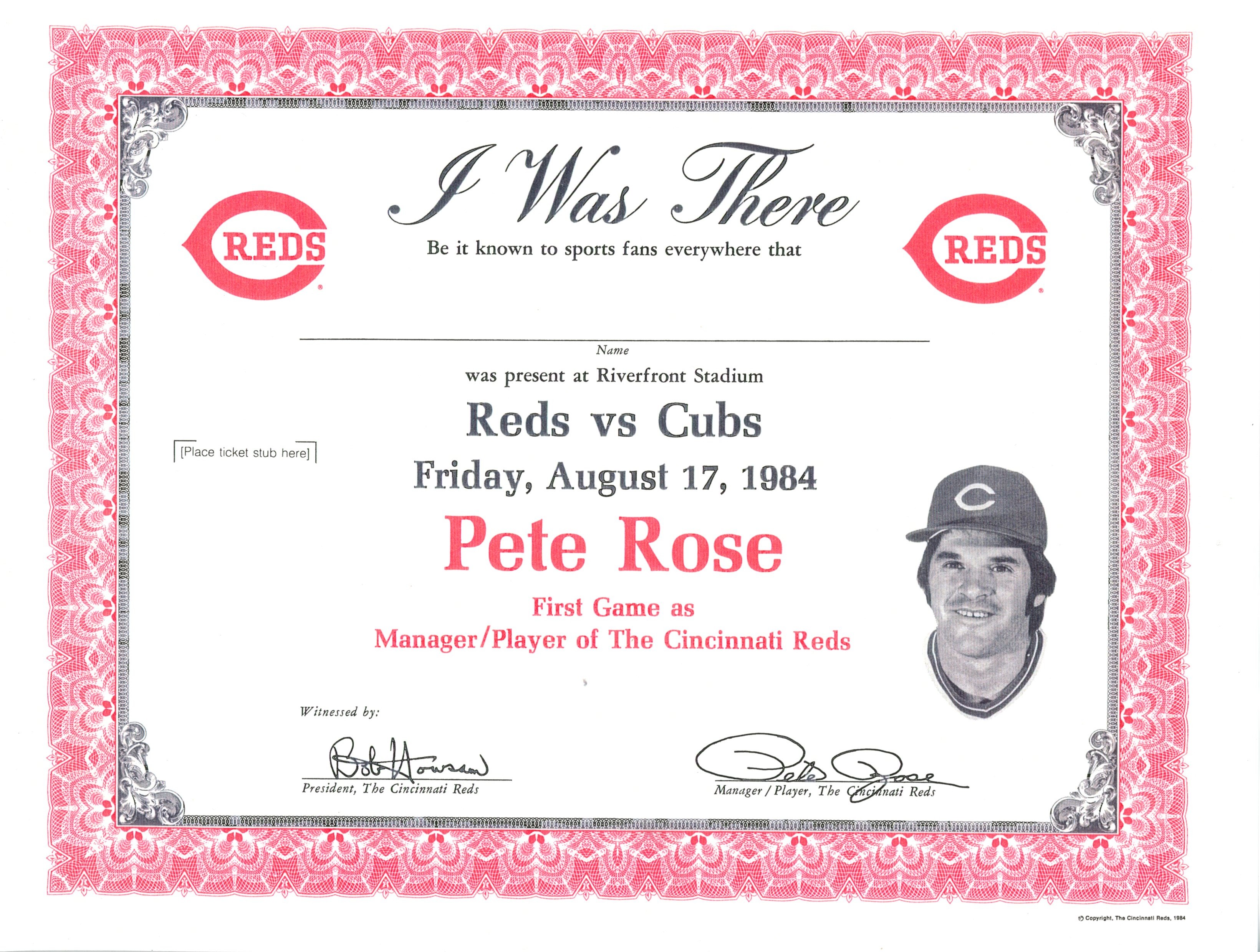 Pete Rose Cincinnati Reds 1st Game Player Manager 08/17/1984 Certificate 56275