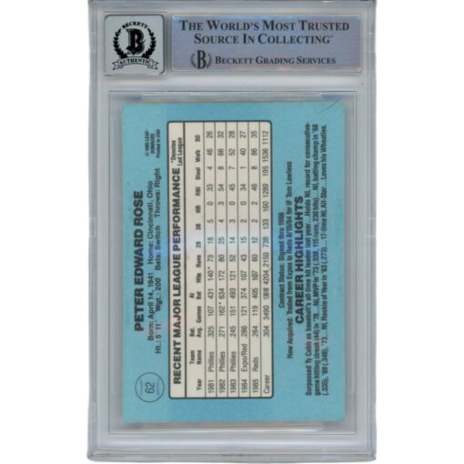 Pete Rose Autographed/Signed 1986 Donruss 62 10 Auto Trading Card Beckett 47116