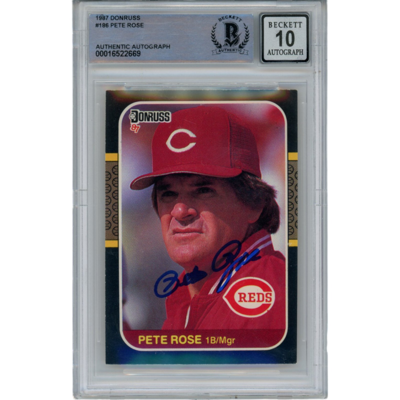 Pete Rose Autographed 1987 Donruss 186 10 Grade Trading Card Beckett 47144