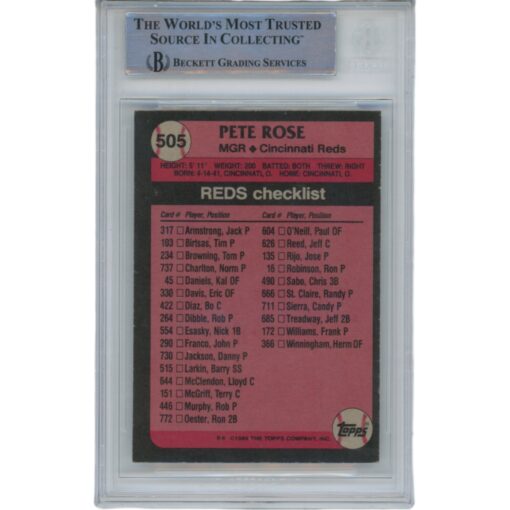 Pete Rose Autographed/Signed 1989 Topps 505 Trading Card Beckett 47069