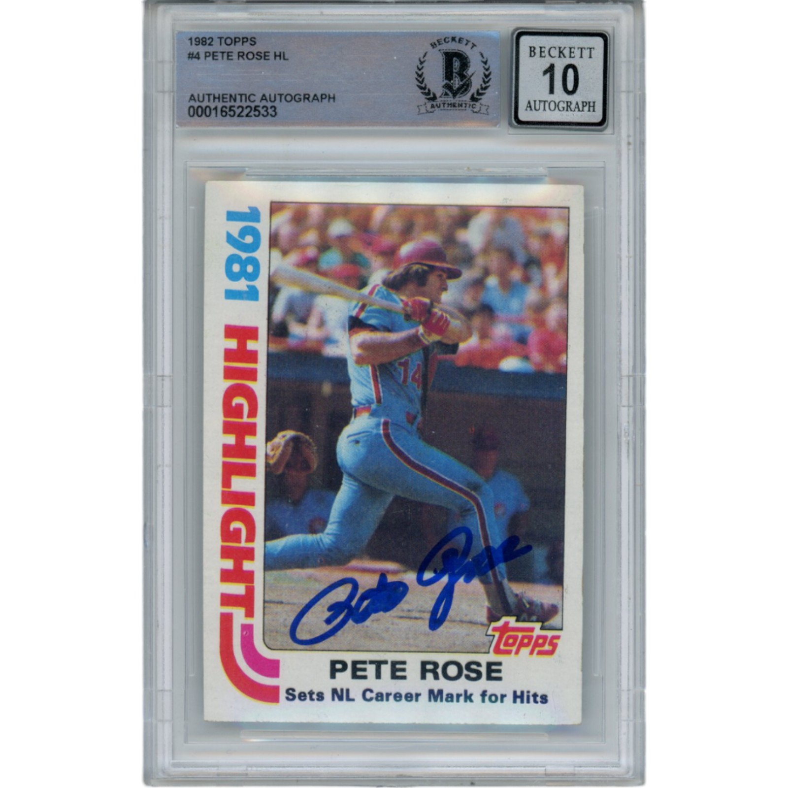 Pete Rose Autographed/Signed 1982 Topps 4 10 Auto Trading Card Beckett 47092