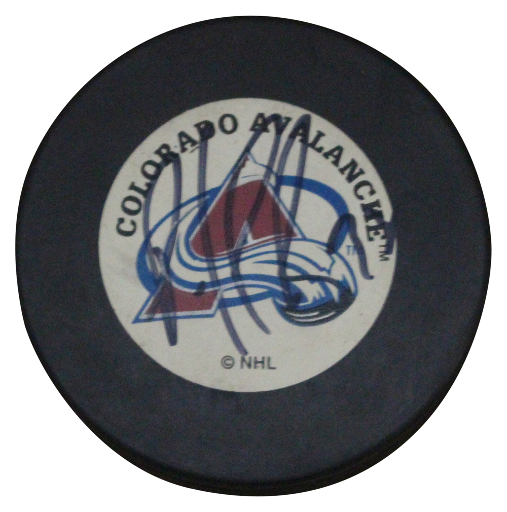 Patrick Roy Autographed Colorado Avalanche Logo Hockey Puck Beckett BAS