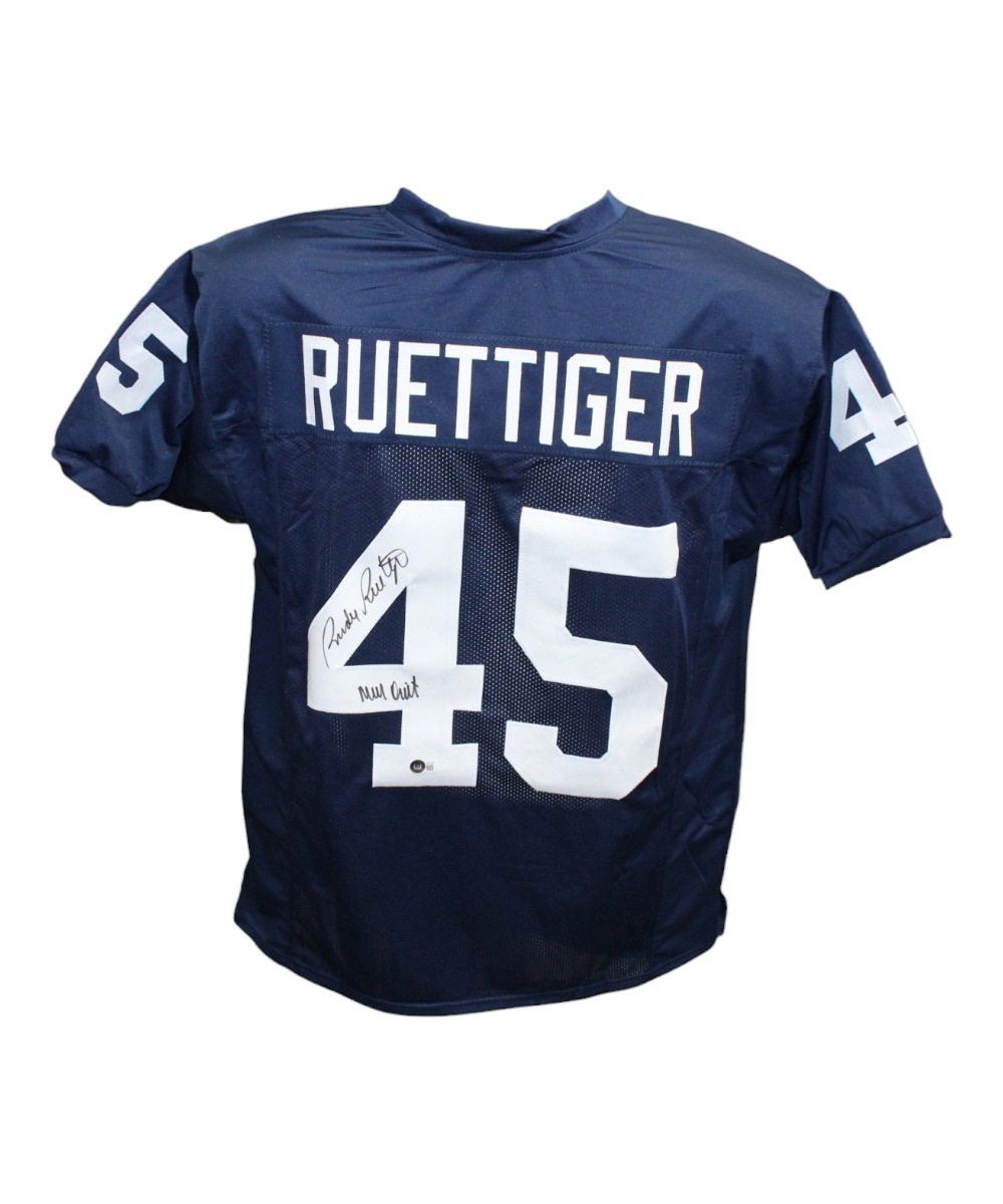 Rudy Ruettiger Autographed/Signed College Style Blue Jersey Insc. Beckett