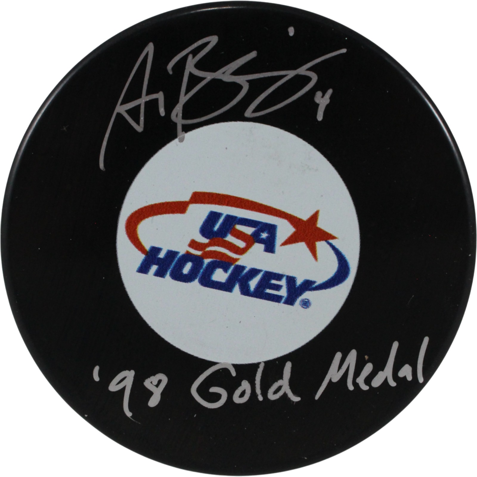 Angela Ruggiero Autographed/Signed USA Logo Puck 98 Gold Medal JSA 54003