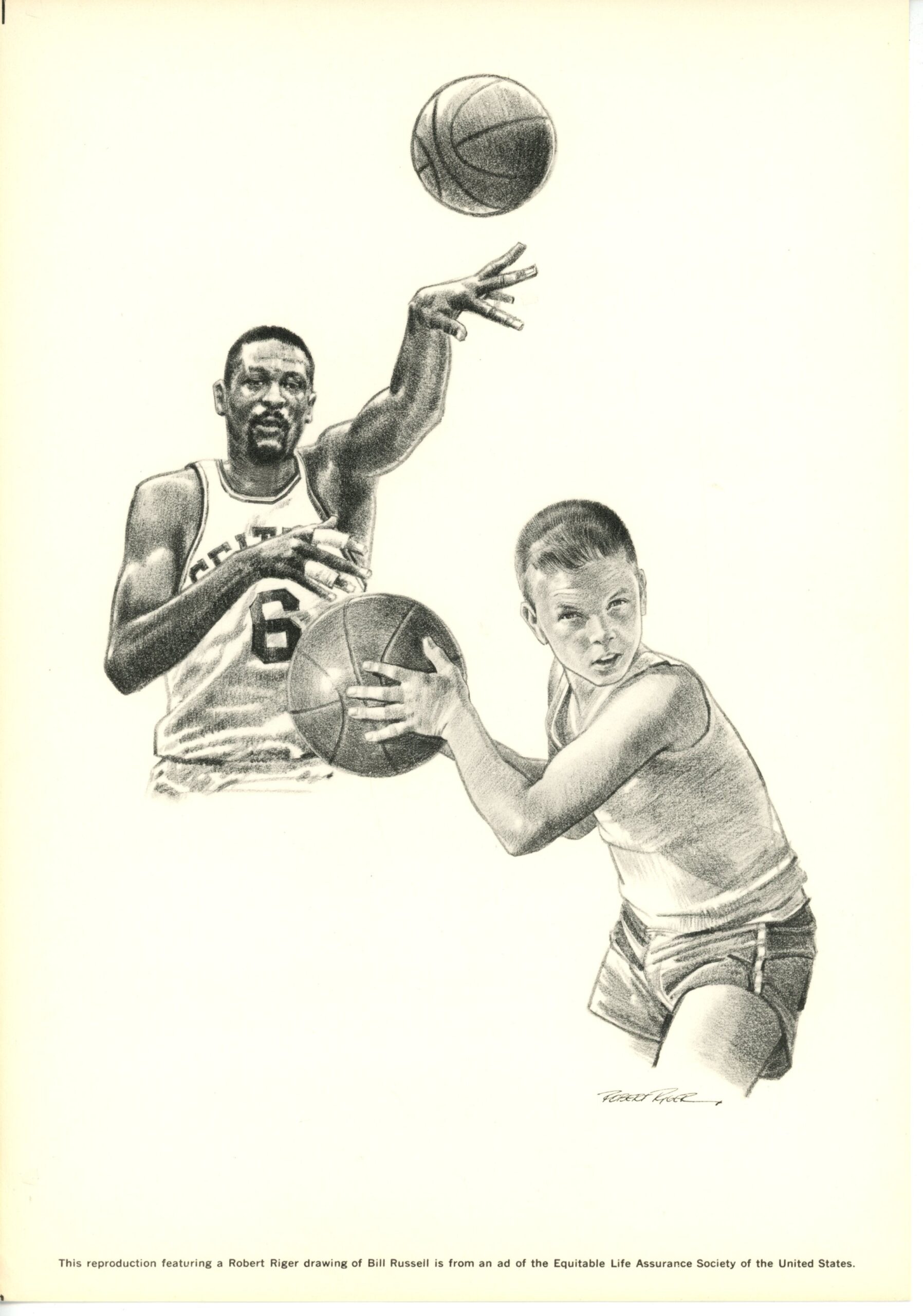 Bill Russell Wilt Chamberlain Bob Cousy NBA Lot of 3 Robert Riger Drawings 55919