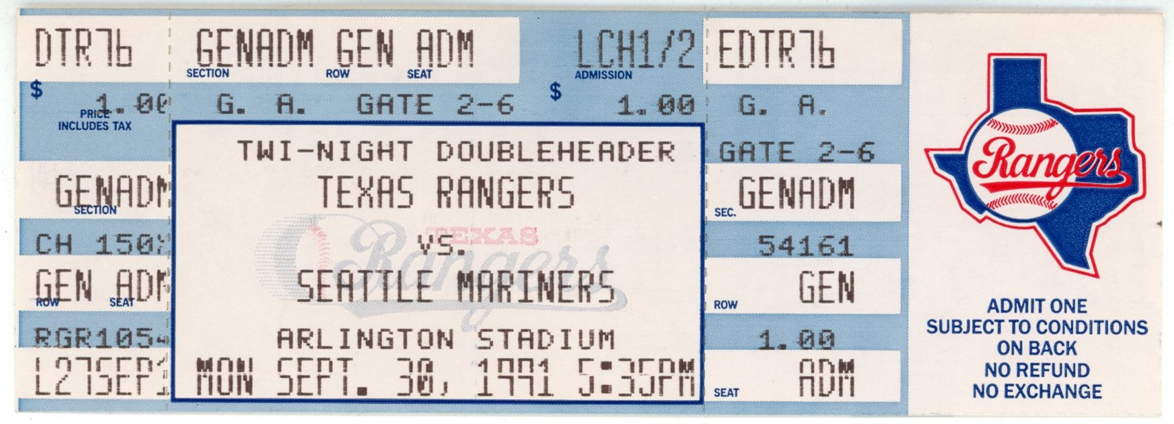 Nolan Ryan Texas Rangers 5500 Strike Outs 9/30/1991 vs. Mariners Ticket 56261