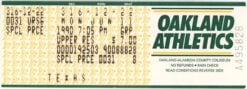 Nolan Ryan Texas Rangers v. Athletics 6th No Hitter 6/11/1990 Ticket 57878