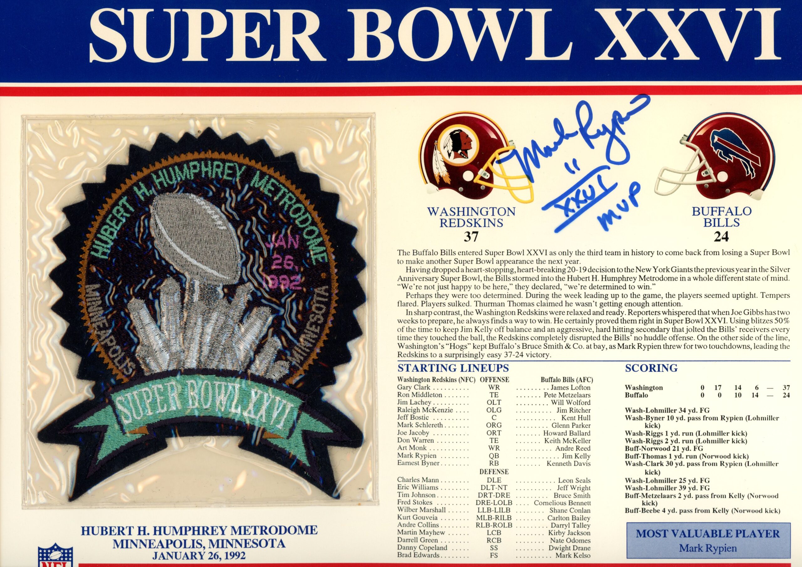 Mark Rypien Autographed Washington Redskins SB XXVI Patch Card Beckett 54951