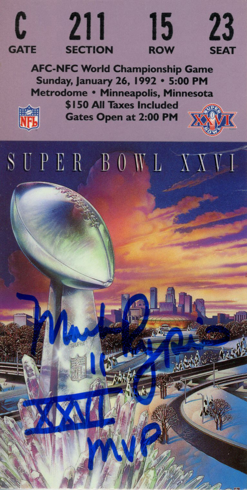 Mark Rypien Autographed/Signed Super Bowl XXVI Ticket MVP JSA