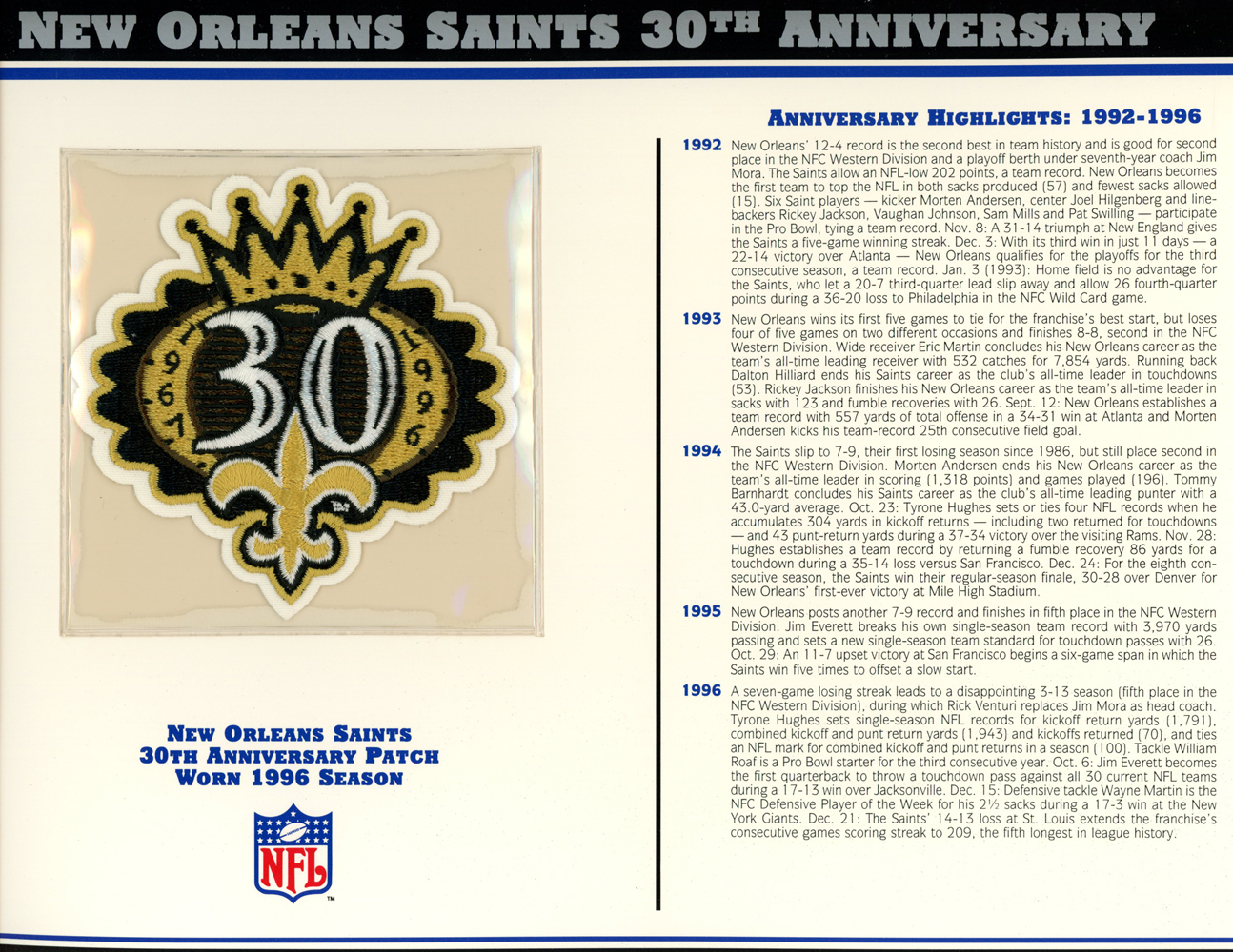 New Orleans Saints 30th Anniversary Patch Stat Card Willabee & Ward