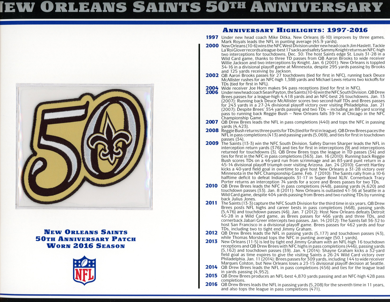 New Orleans Saints 50th Anniversary Patch Stat Card Willabee & Ward