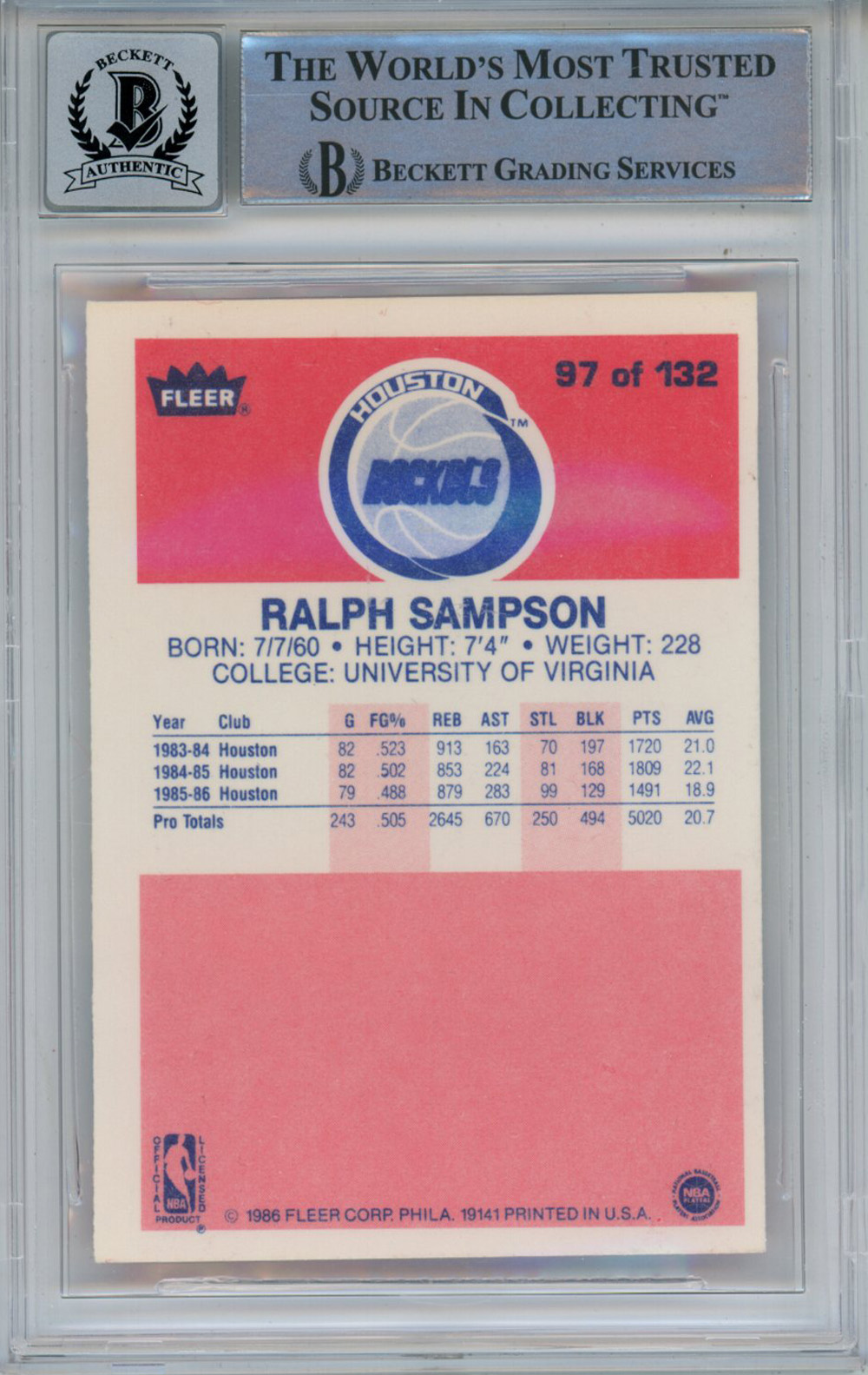 Ralph Sampson Signed 1986-87 Fleer #97 Rookie Card Beckett 10 Slab