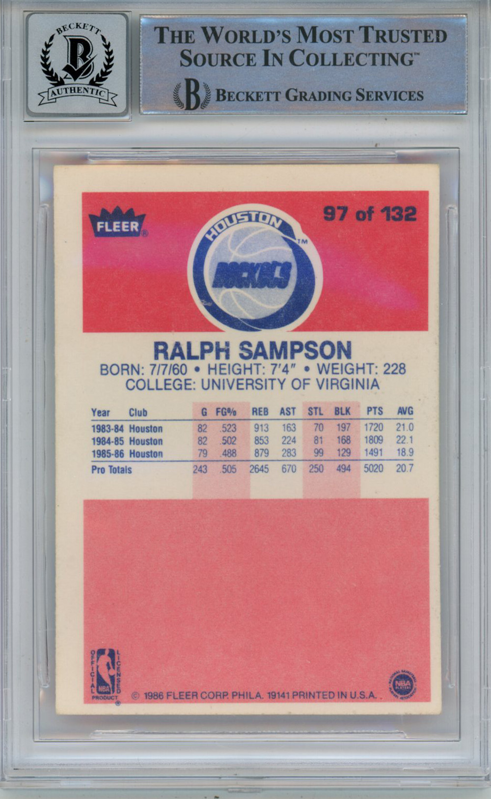 Ralph Sampson Signed 1986-87 Fleer #97 Rookie Card Beckett 10 Slab