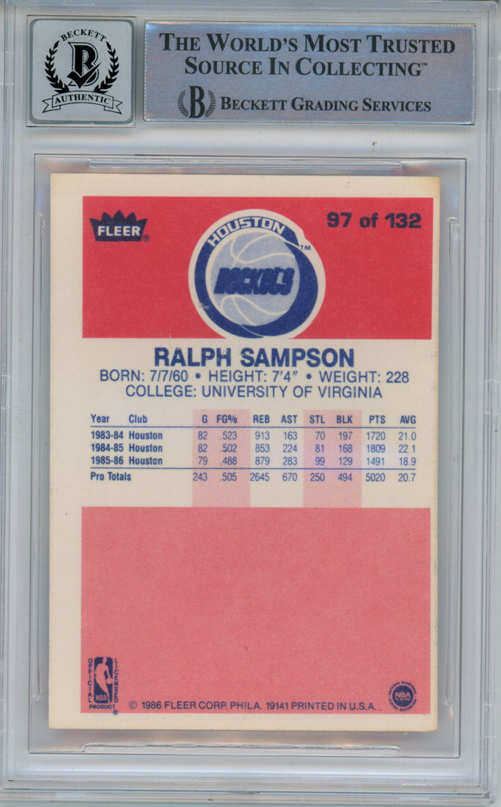 Ralph Sampson Signed 1986-87 Fleer #97 Rookie Card Beckett 10 Slab