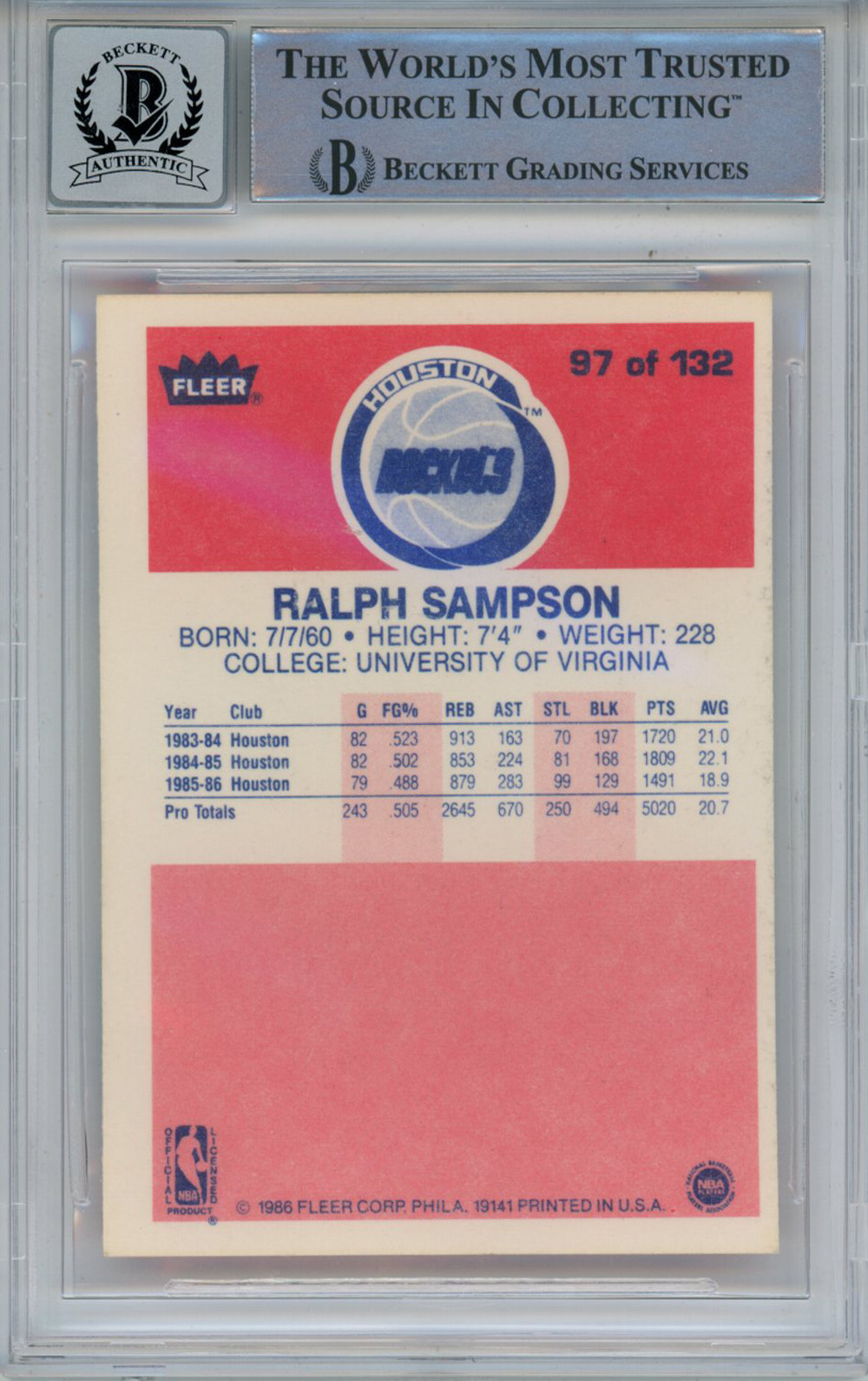 Ralph Sampson Signed 1986-87 Fleer #97 Rookie Card Beckett 10 Slab