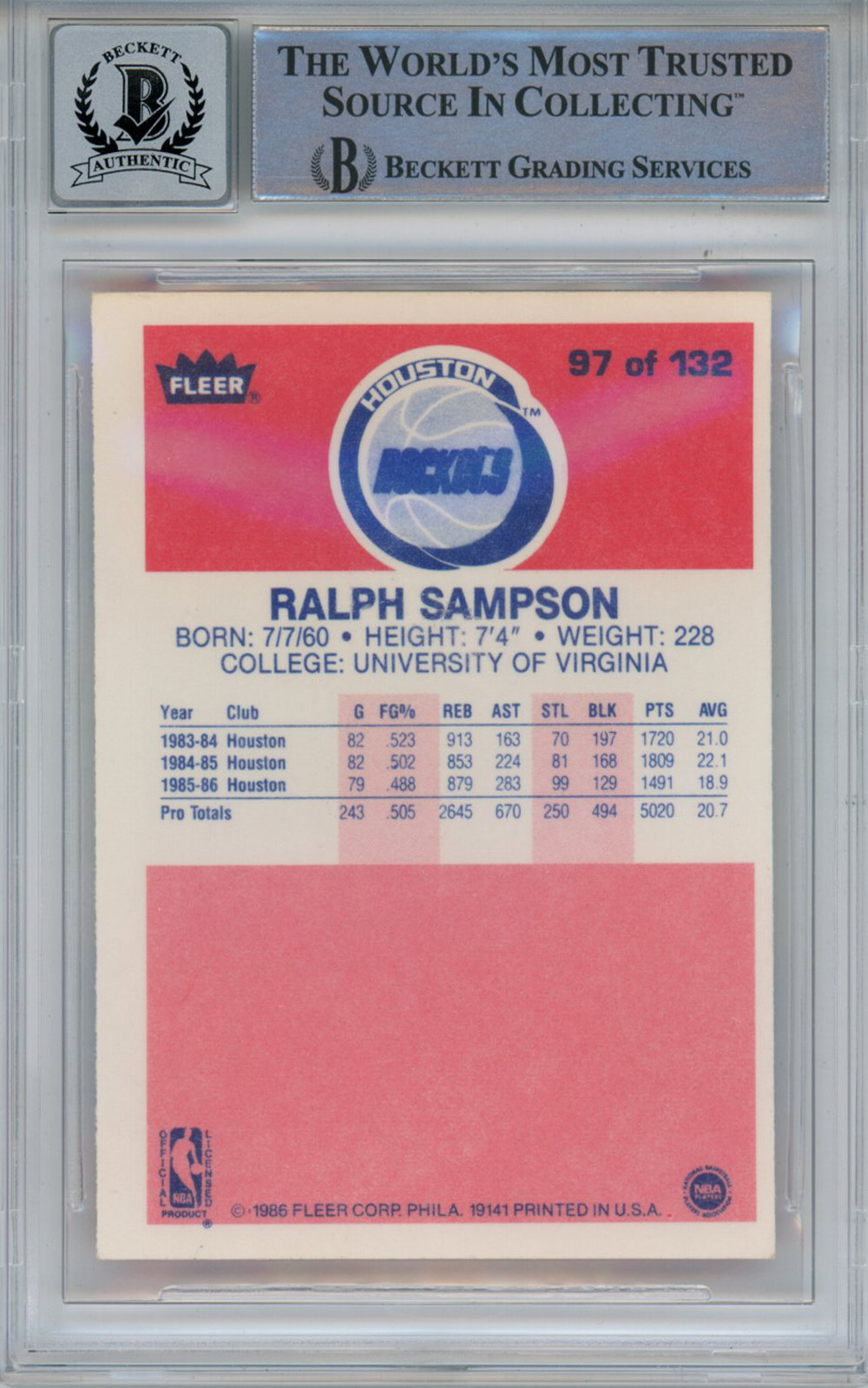 Ralph Sampson Signed 1986-87 Fleer #97 Rookie Card Beckett 10 Slab