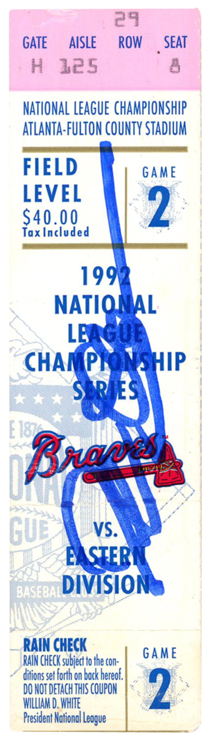 Deion Sanders Autographed Atlanta Braves 1992 NLCS Game 2 Ticket BAS