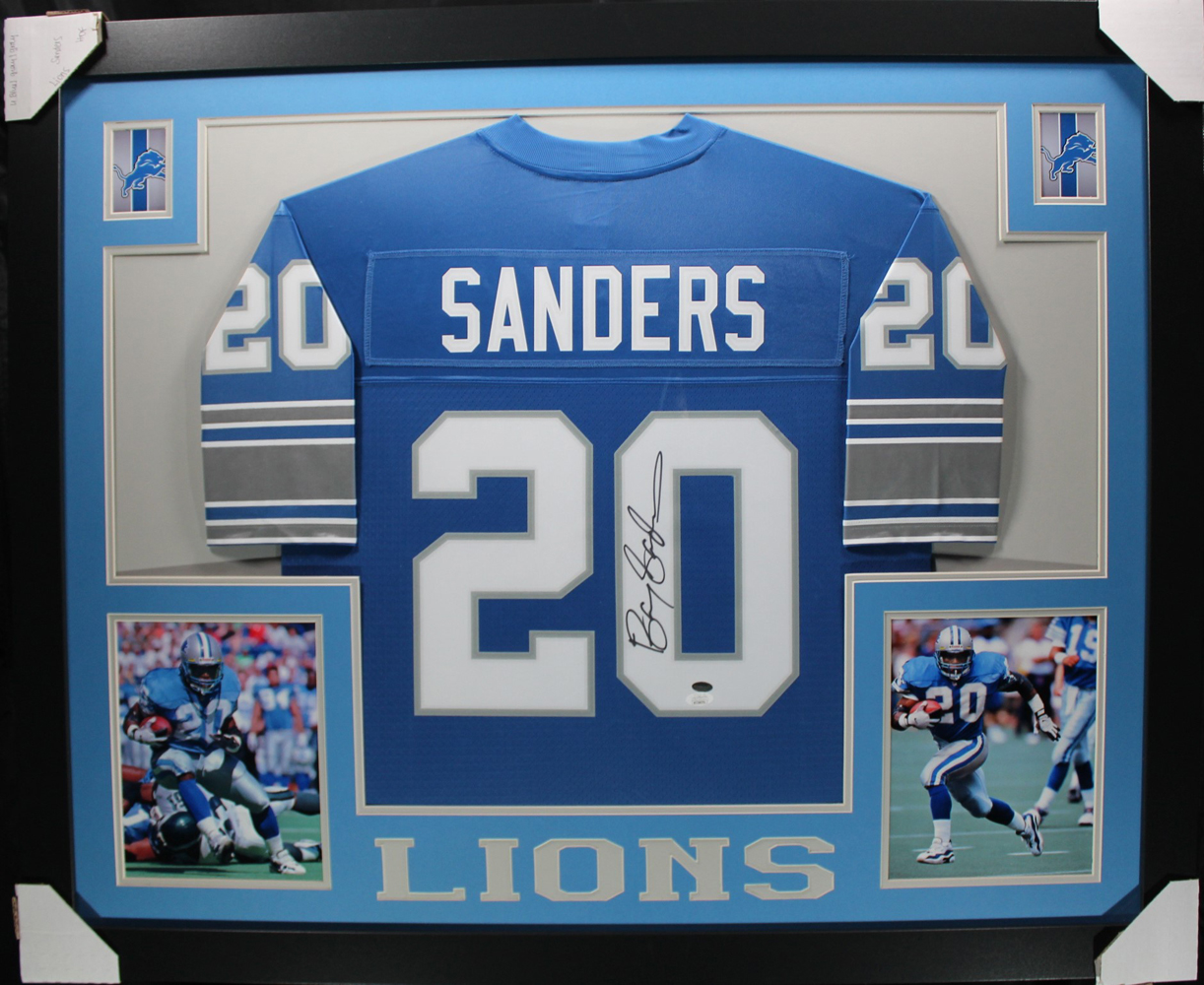 Barry Sanders Autographed Detroit Lions Framed Proline Blue XL Jersey JSA