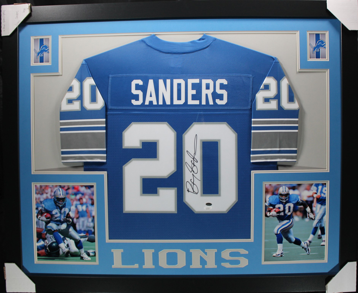 Barry Sanders Autographed Detroit Lions Framed Proline Blue XL Jersey