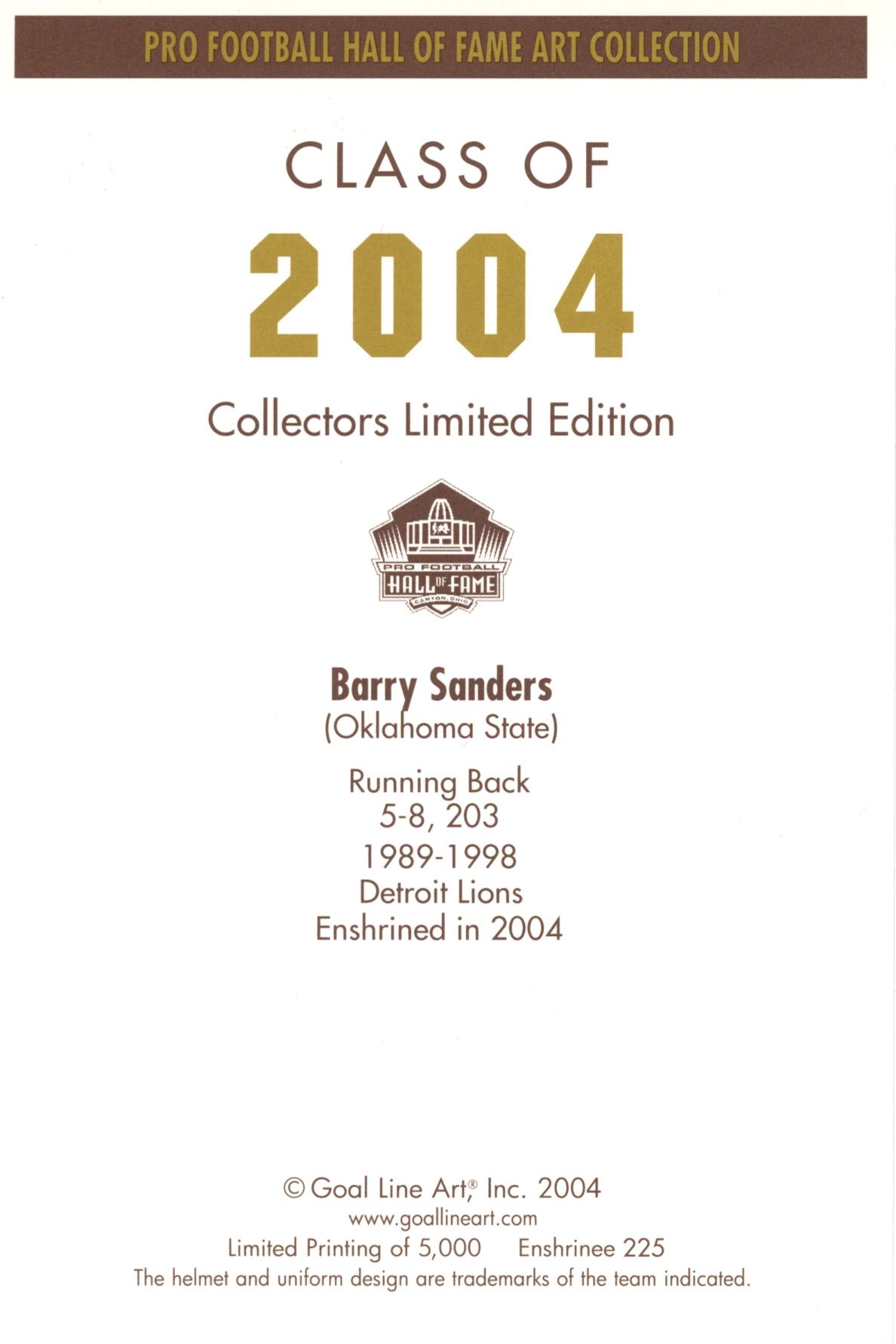 Barry Sanders Detroit Lions Goal Line Art Card Class of 2004 58149 2 Barry Sanders Detroit Lions Goal Line Art Card Class of 2004 58149