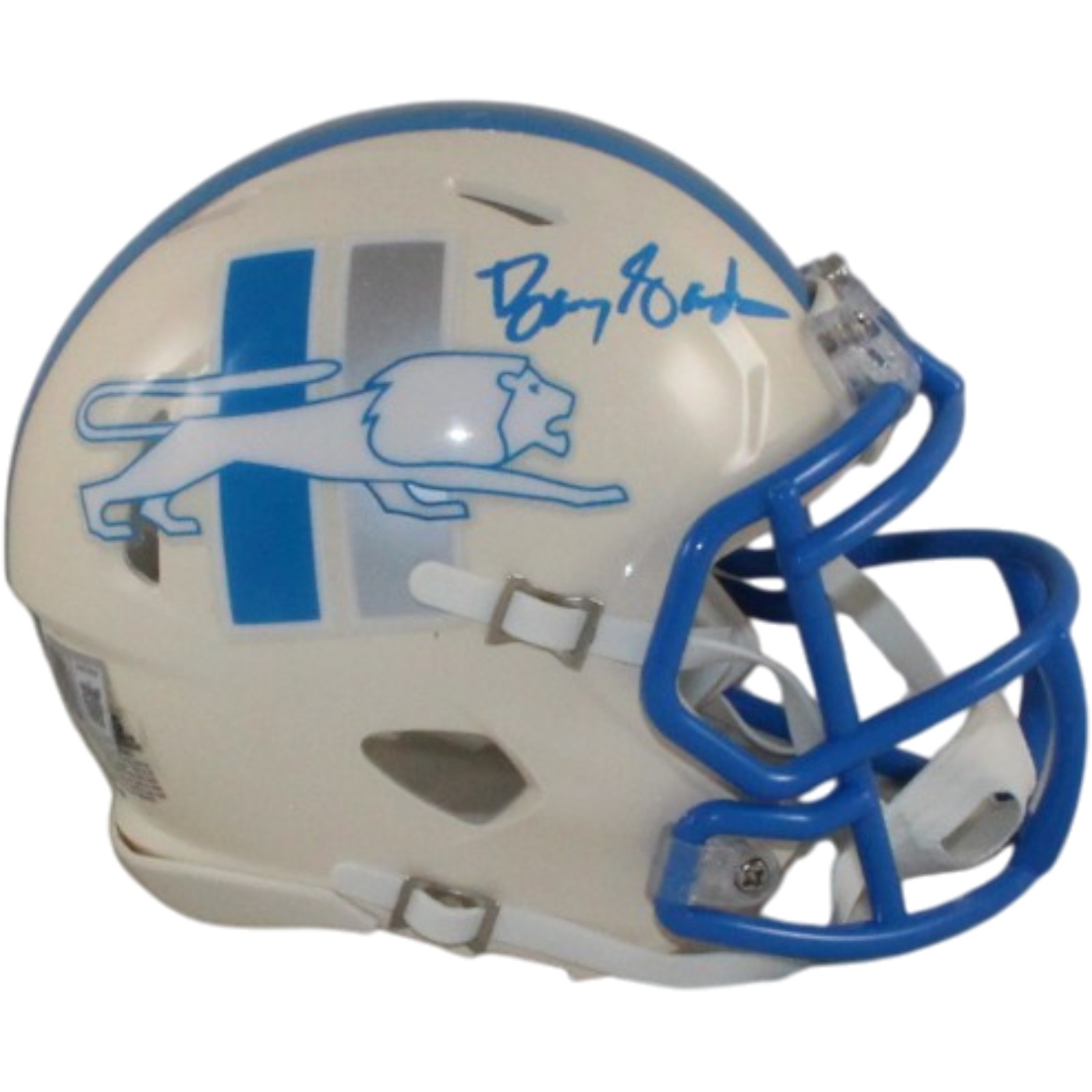 Barry Sanders Autographed Detroit Lions Retro Mini Helmet Beckett Witness 57163 1 Barry Sanders Autographed Detroit Lions Retro Mini Helmet Beckett Witness 57163