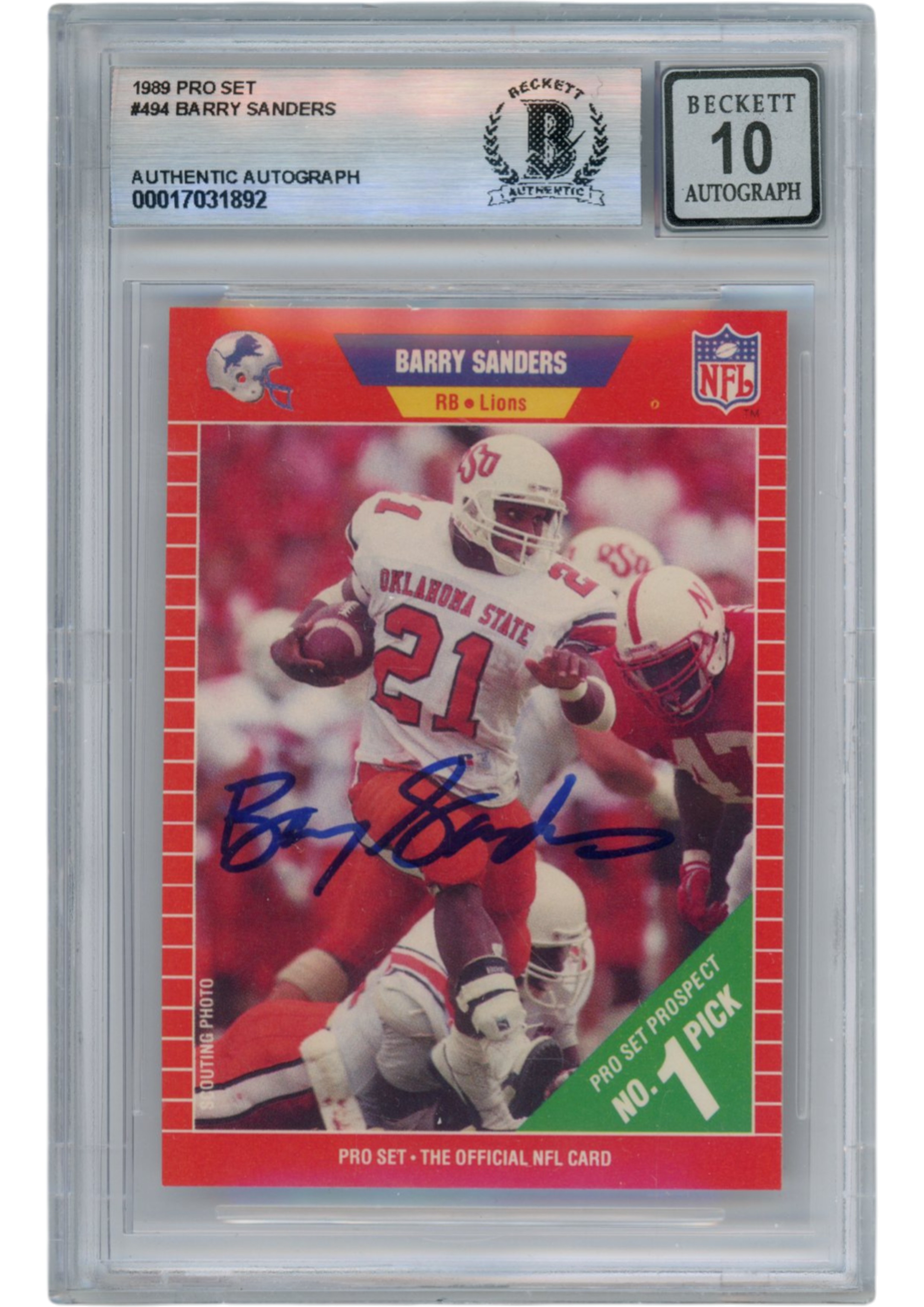 Barry Sanders Autographed 1989 Pro Set #494 Trading Card 10 Grade Beckett 54880