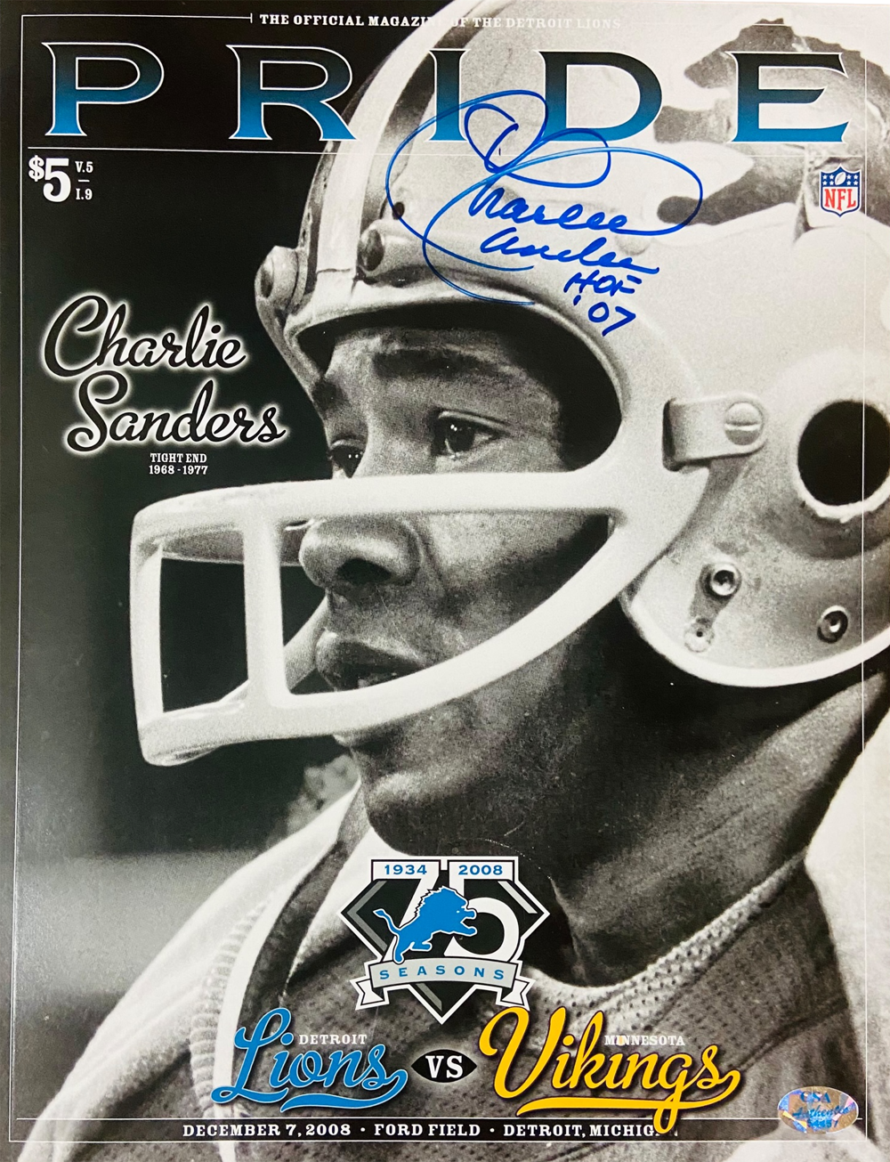 Charlie Sanders Autographed Detroit Lions 2008 Pride Magazine HOF Beckett