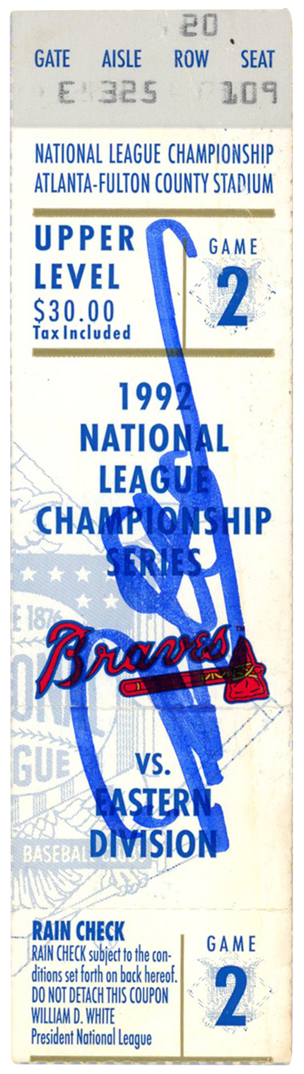 Deion Sanders Autographed Atlanta Braves 1992 NLCS Game 2 Ticket BAS