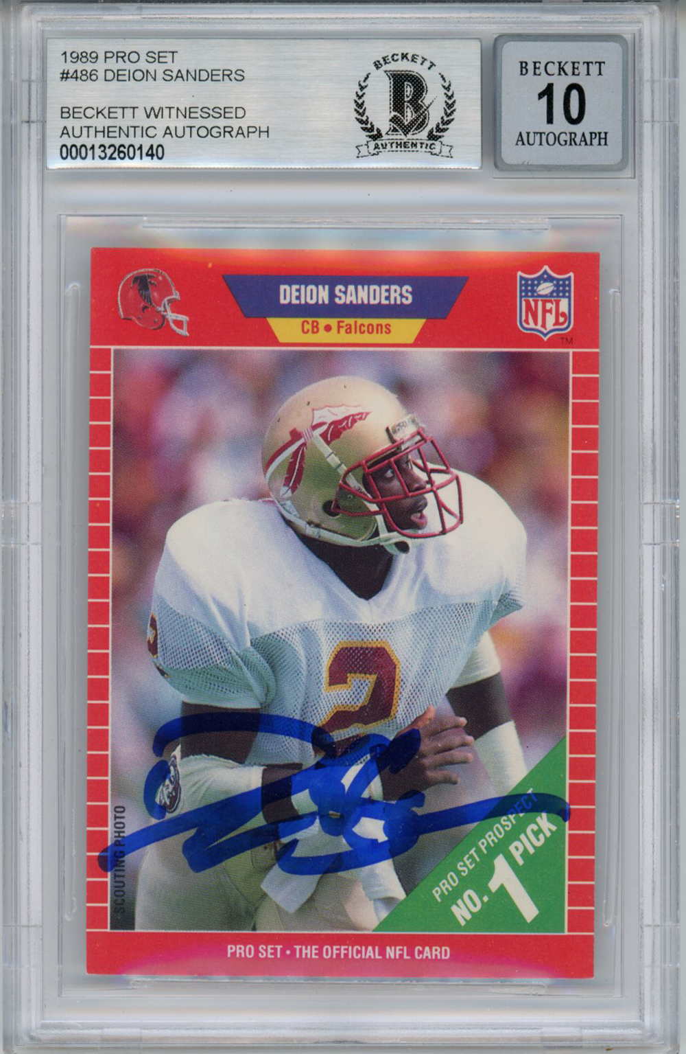Deion Sanders Autographed/Signed 1989 Pro Set Rookie Card BAS 10 Slab