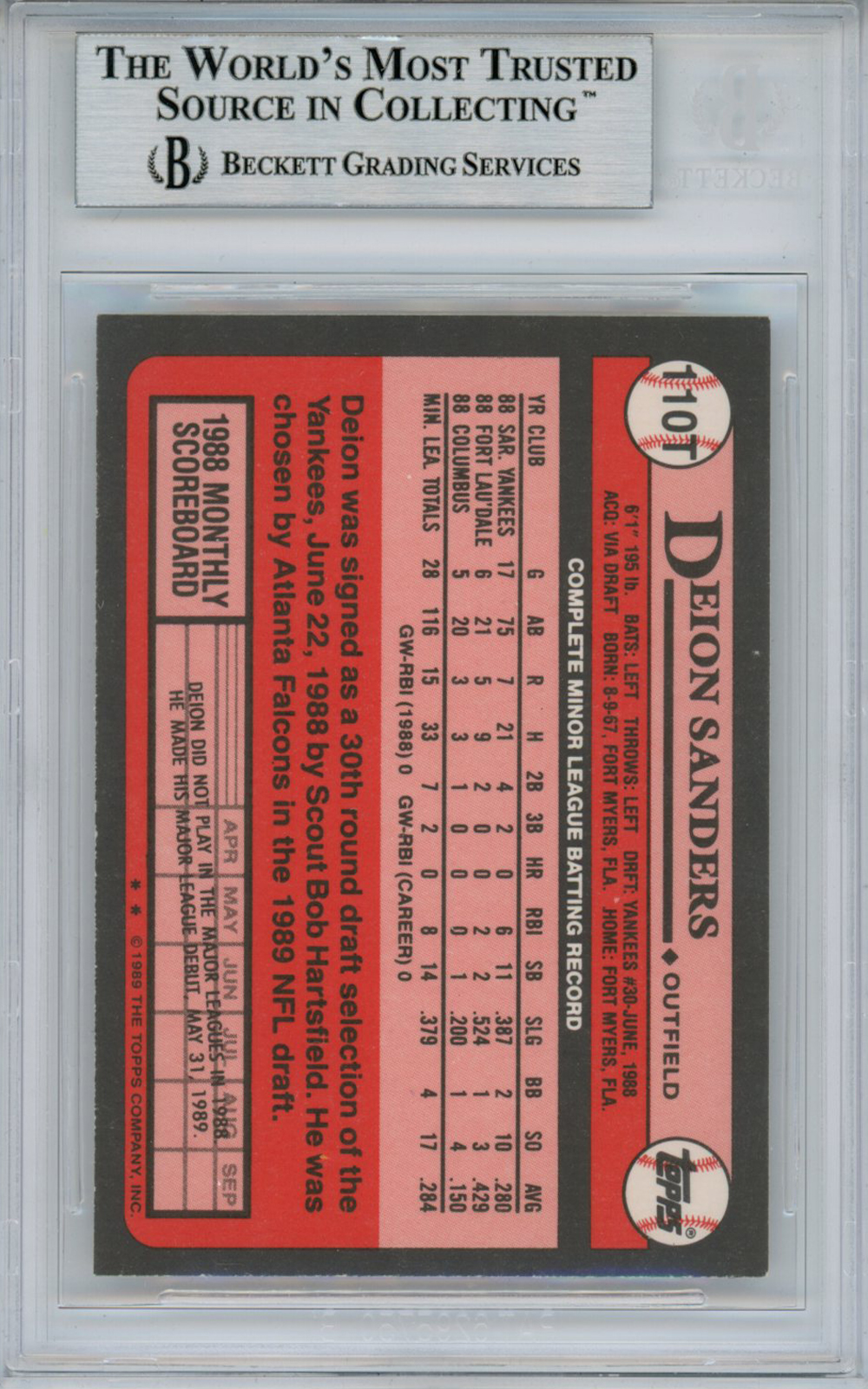 Deion Sanders Signed 1989 Topps Traded #110T Rookie Card Beckett Slab