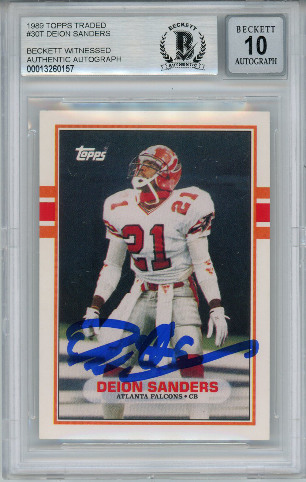 Deion Sanders Autographed 1989 Topps Traded #30T Rookie Card BAS 10 Slab