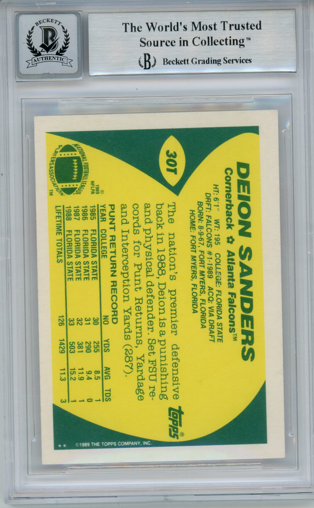 Deion Sanders Autographed 1989 Topps Traded #30T Rookie Card BAS 10 Slab