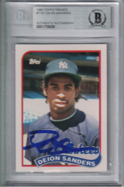 Deion Sanders Signed New York Yankees 1989 Topps Traded Rookie Card BAS 25076