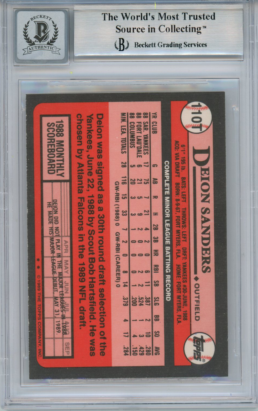 Deion Sanders Signed 1989 Topps Traded #110T Rookie Card BAS 10 Slab