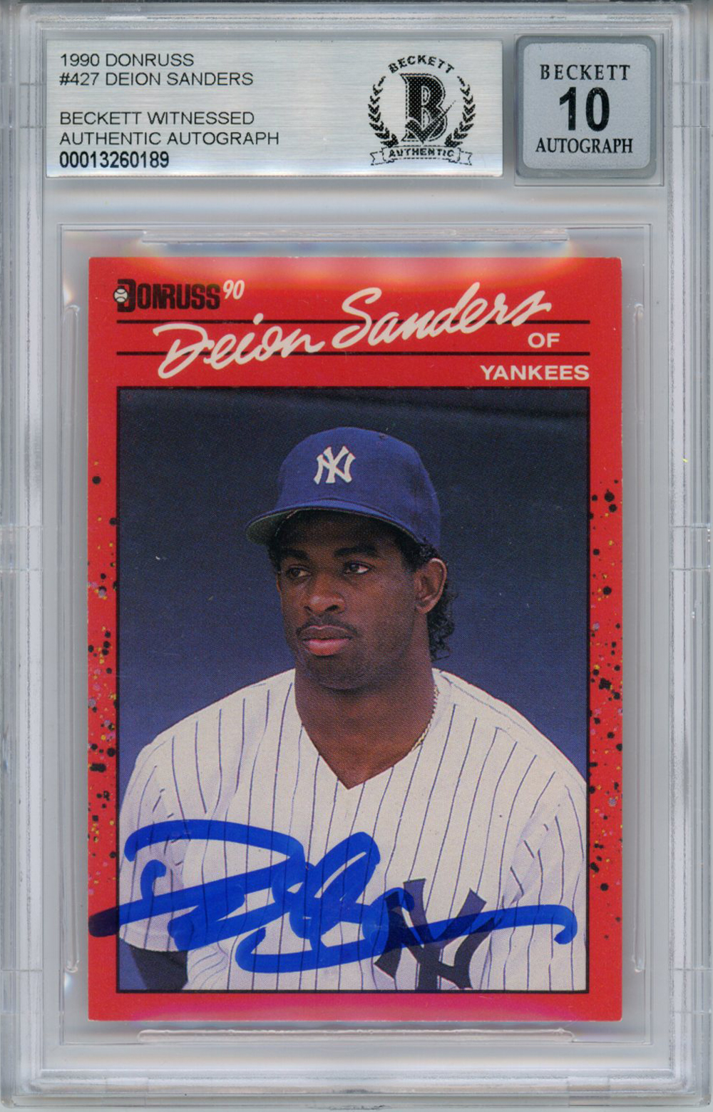 Deion Sanders Autographed/Signed 1990 Donruss Rookie Card BAS 10 Slab