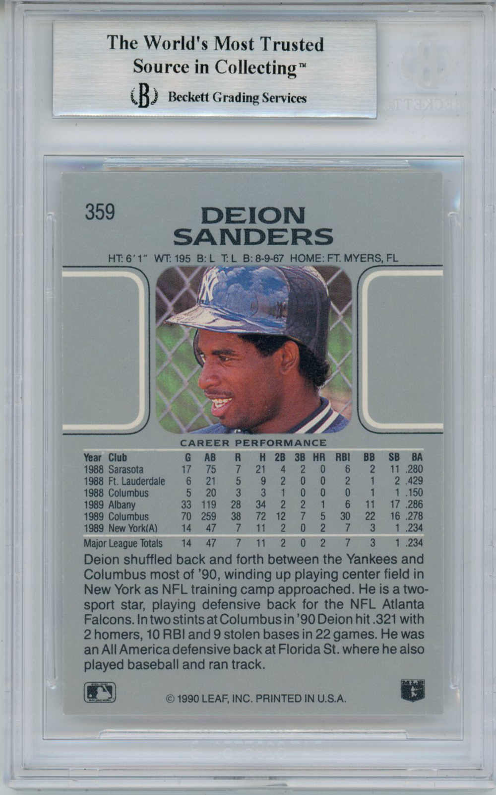 Deion Sanders Autographed/Signed 1990 Leaf Trading Card BAS Slab