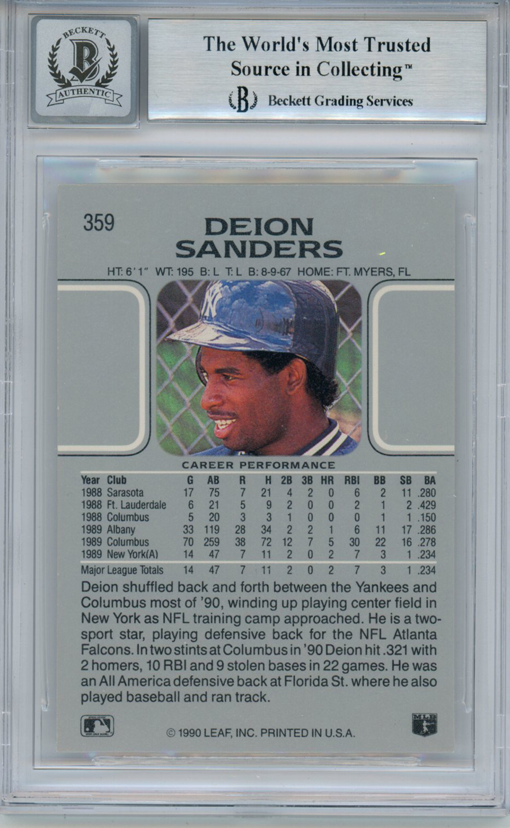 Deion Sanders Autographed/Signed 1990 Leaf Rookie Card BAS 10 Slab