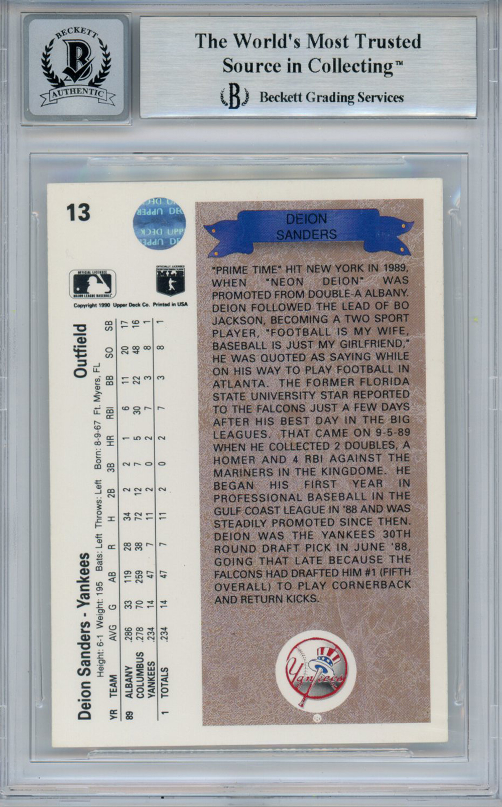 Deion Sanders Autographed/Signed 1990 Upper Deck Rookie Card BAS 10