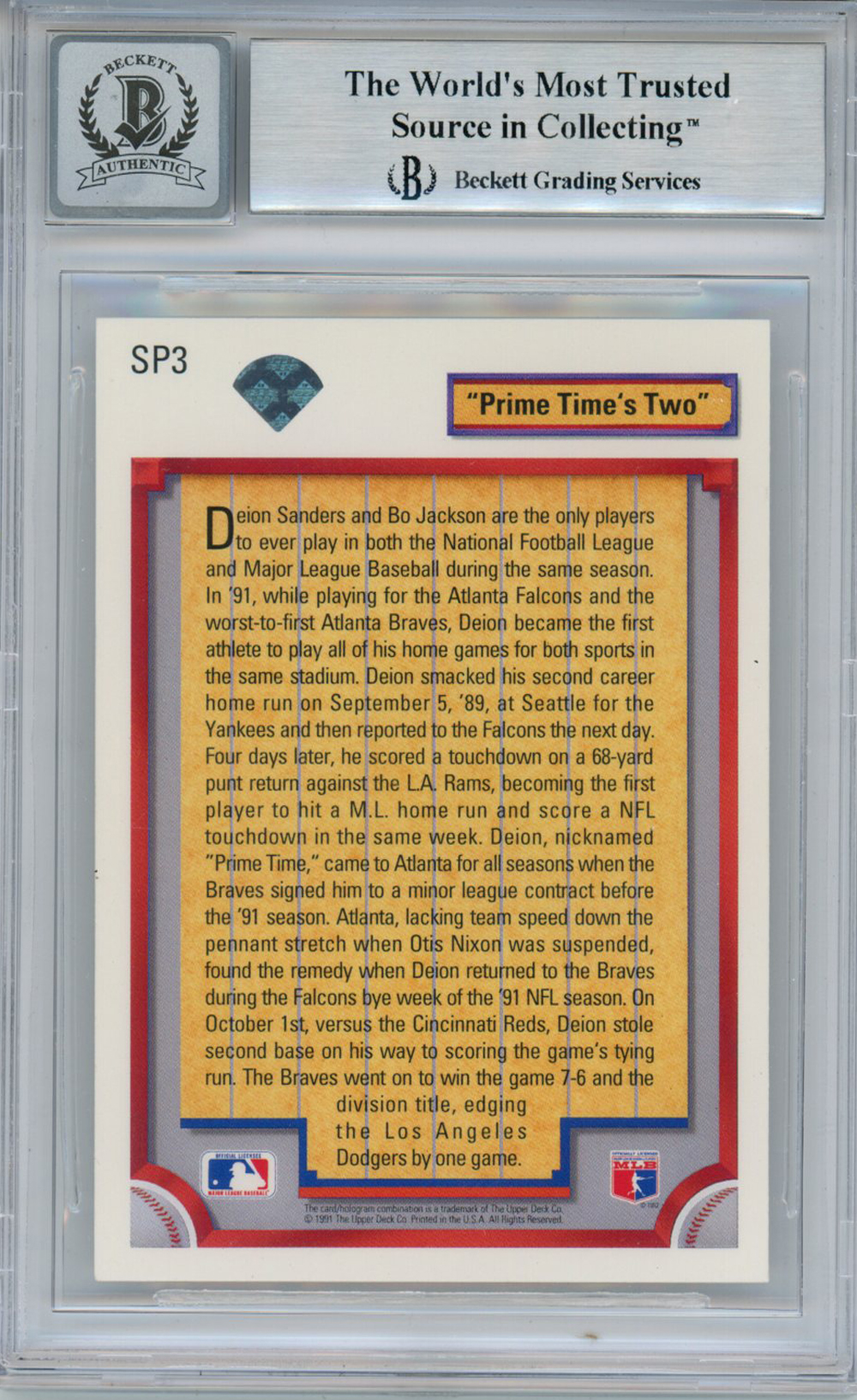 Deion Sanders Autographed 1992 Upper Deck #SP3 Trading Card BAS 10 Slab