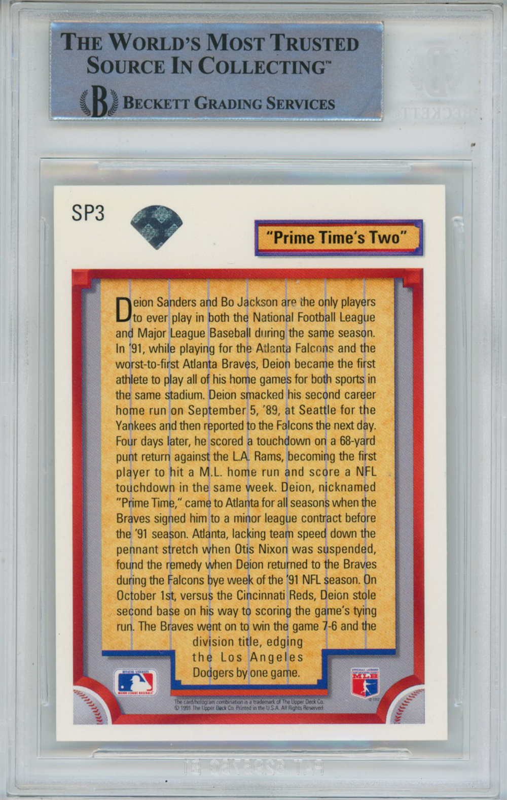 Deion Sanders Autographed 1992 Upper Deck SP3 Trading Card Beckett Slab