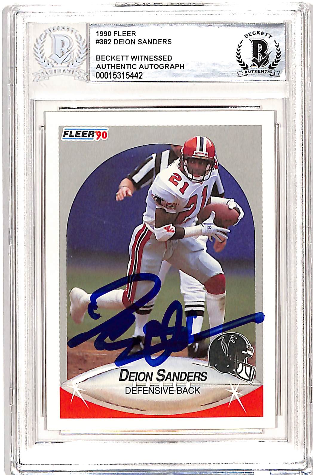Deion Sanders Signed 1990 Fleer #382 Trading Card Beckett 