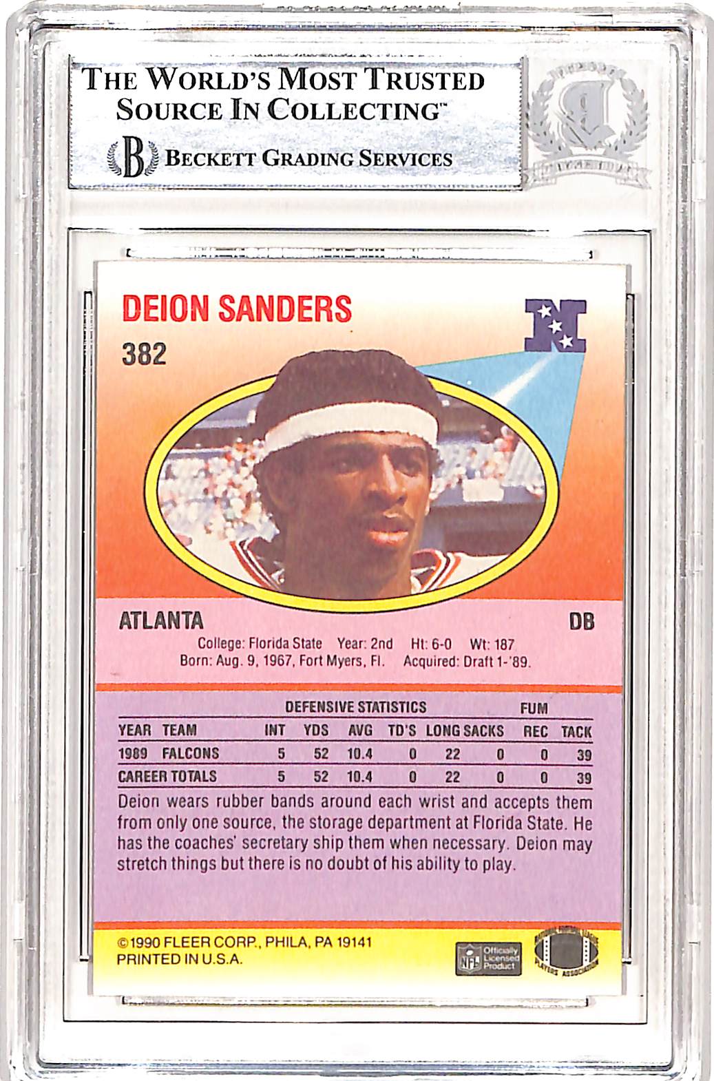 Deion Sanders Signed 1990 Fleer #382 Trading Card Beckett