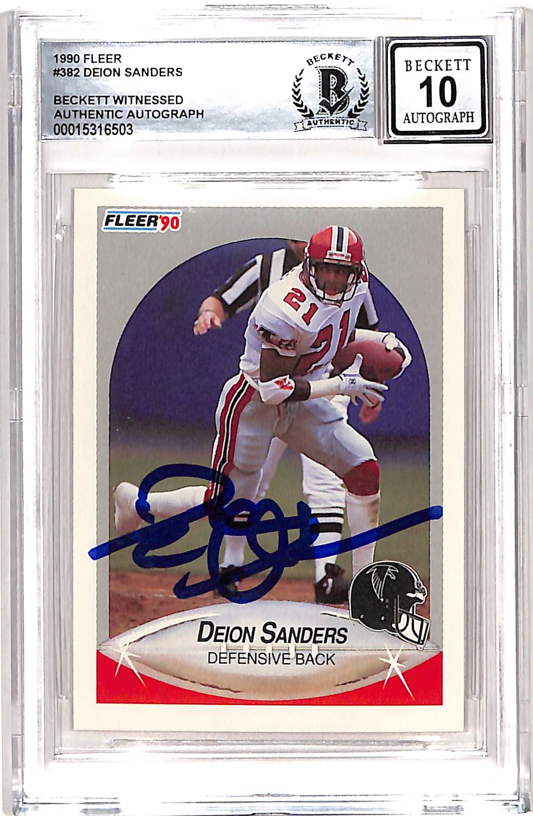 Deion Sanders Signed 1990 Fleer #382 Trading Card 10 Auto Beckett 